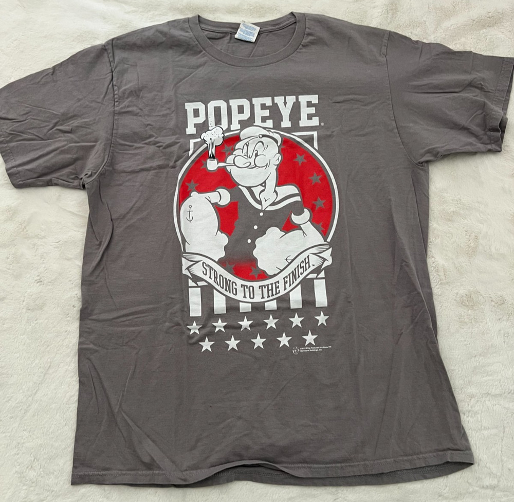 Popeye Strong to the Finish Mens Size L Gray Graphic T Shirt Port Company Cotton